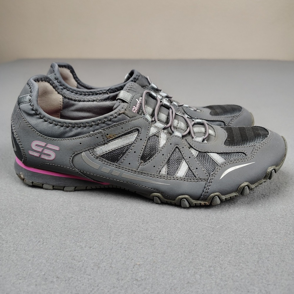 Skechers Biker Shoe Women Sz 9 Gray Pink Leather Bungee Slip On Sneaker Walking - Picture 3 of 9